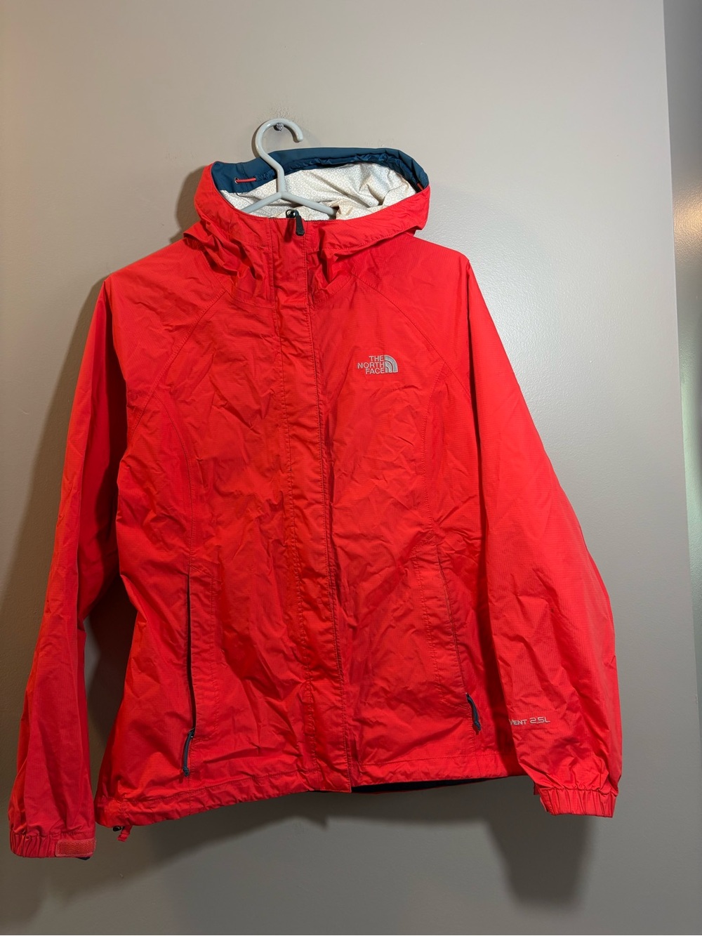 The North Face Bright Red Hooded Shell Jacket with Navy Trim